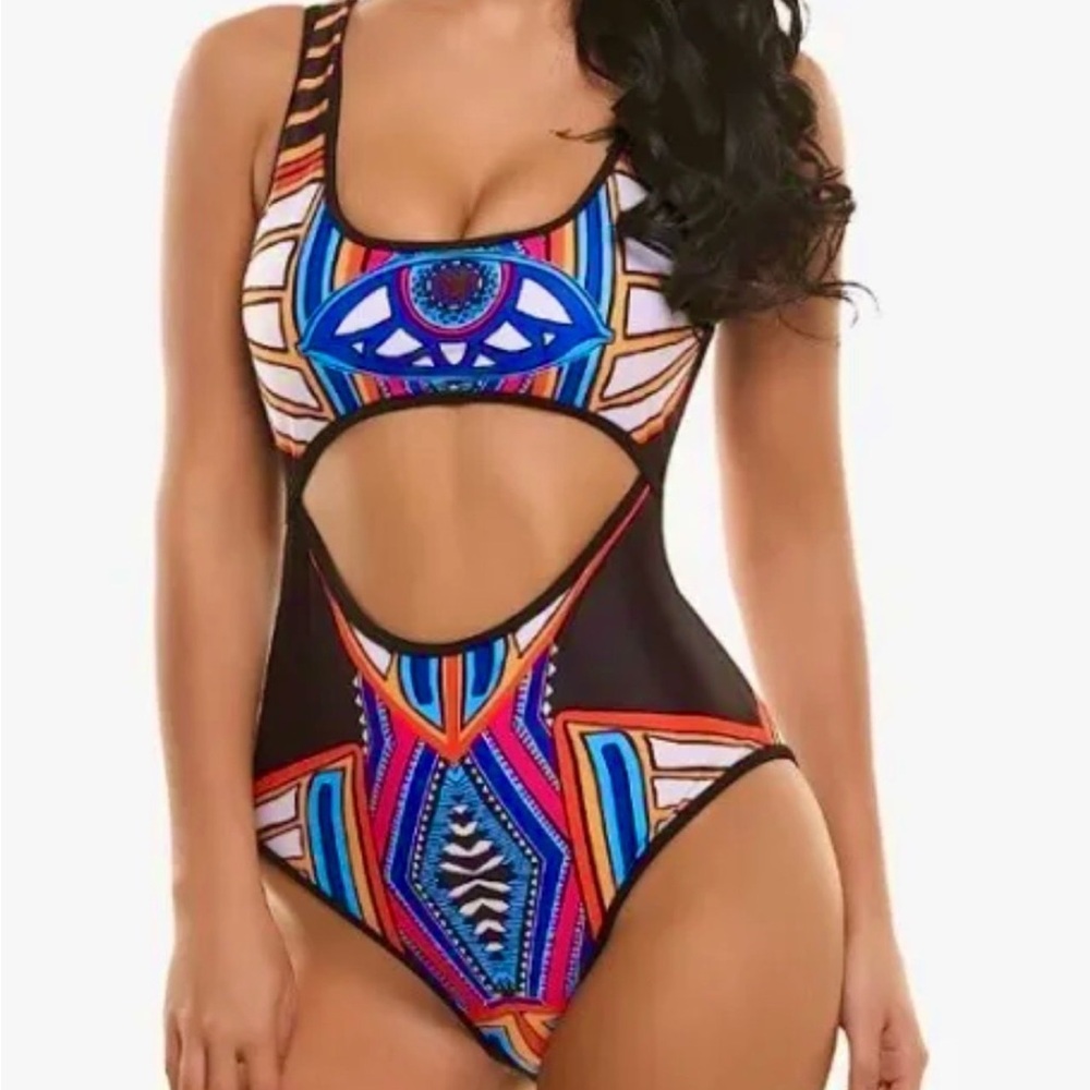 Women's EKOUAER Cutout Keyhole One Piece Swimsuit Size L Tribal Print NEW